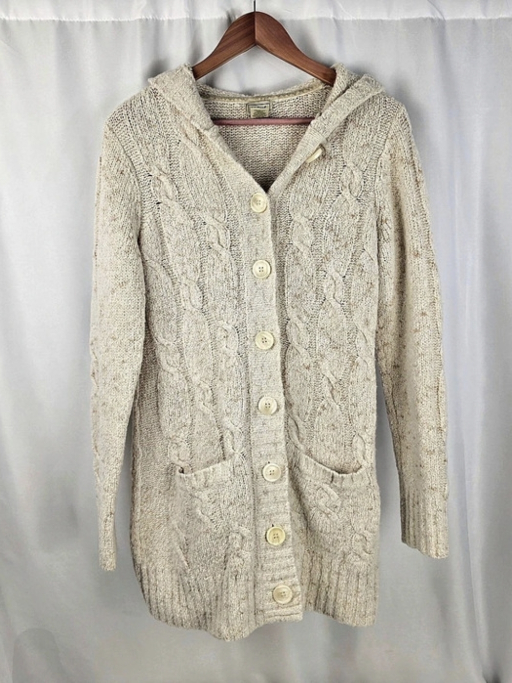 L.L.Bean Wool Blend Cable Knit Hooded Cardigan Sweater Coat Small Cream